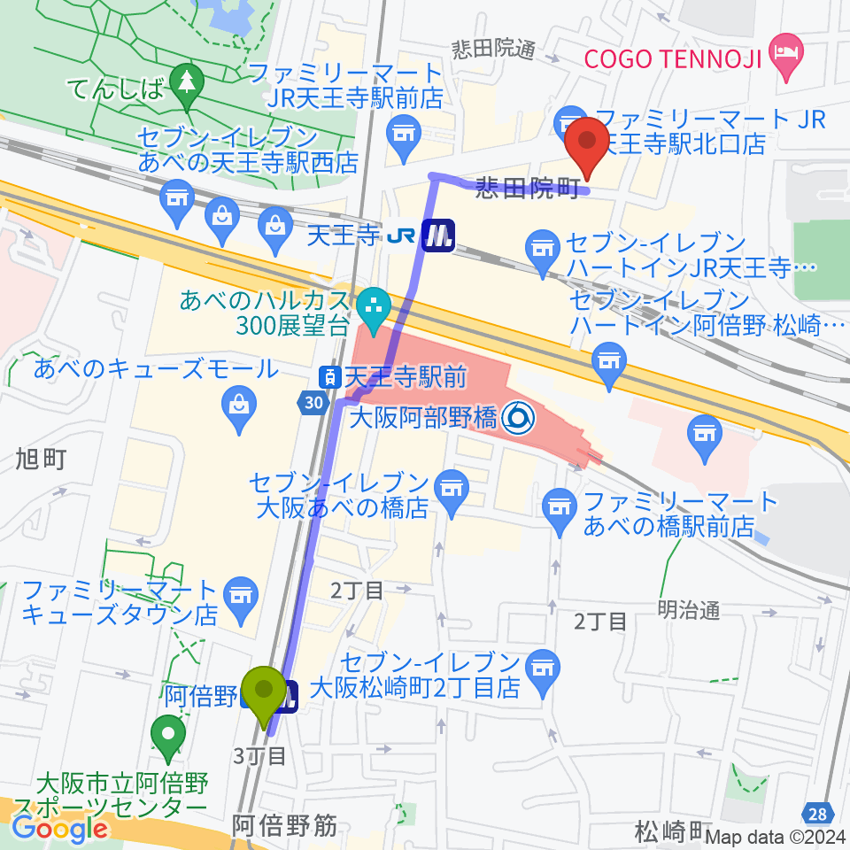 阿倍野駅からヤンタスタジオへのルートマップ地図