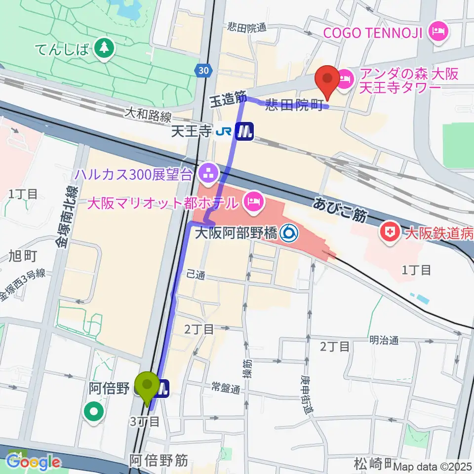 阿倍野駅からヤンタスタジオへのルートマップ地図