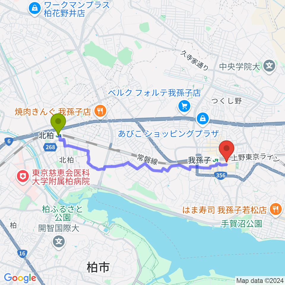 北柏駅から千葉県福祉ふれあいプラザへのルートマップ地図