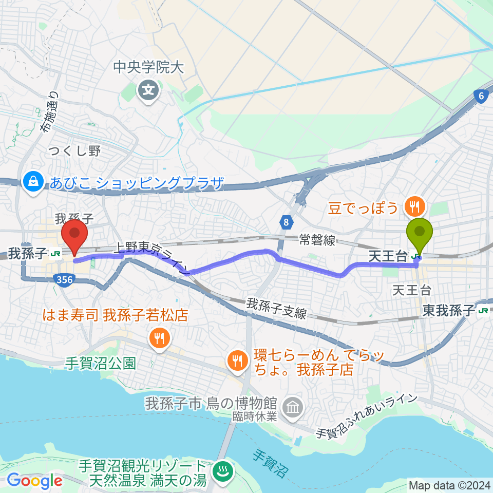 天王台駅から千葉県福祉ふれあいプラザへのルートマップ地図