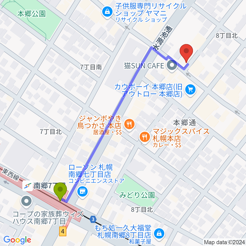 札幌エルナインの最寄駅南郷７丁目駅からの徒歩ルート（約5分）地図