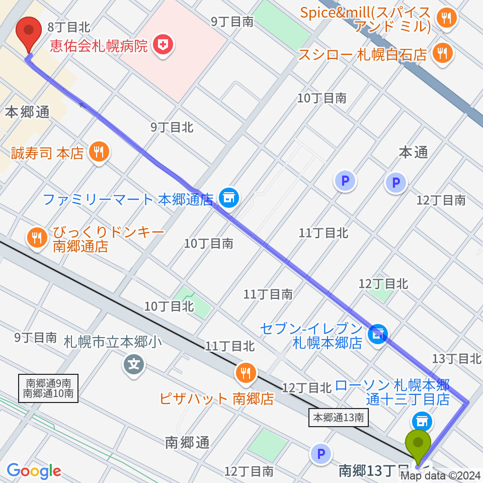 南郷１３丁目駅から札幌エルナインへのルートマップ地図