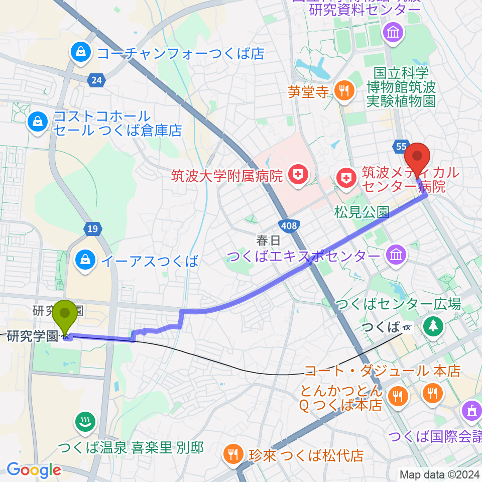 研究学園駅からホソダ興産グランドピアノ練習室へのルートマップ地図