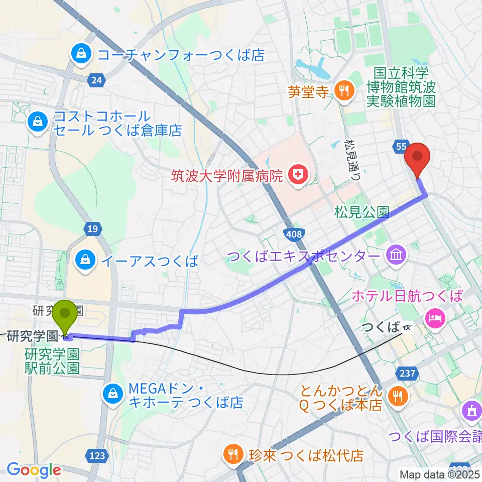 研究学園駅からホソダ興産グランドピアノ練習室へのルートマップ地図