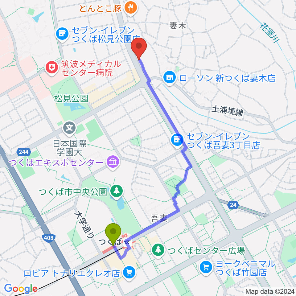 ホソダ興産グランドピアノ練習室の最寄駅つくば駅からの徒歩ルート（約20分）地図