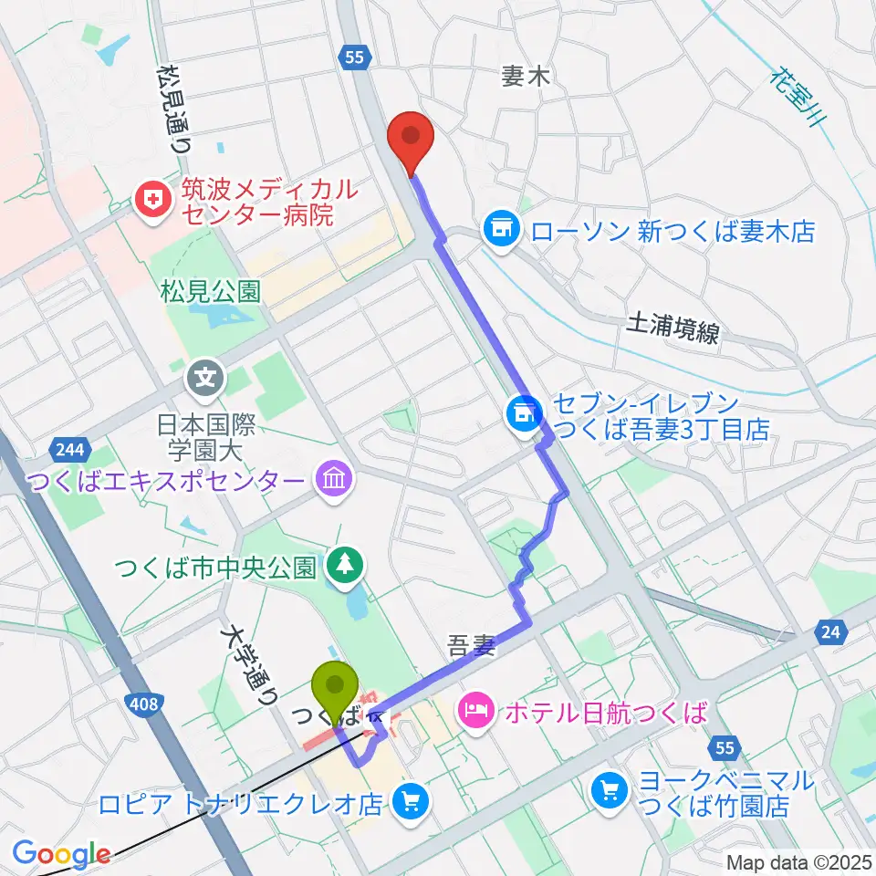 ホソダ興産グランドピアノ練習室の最寄駅つくば駅からの徒歩ルート（約20分）地図