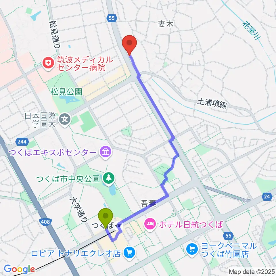 ホソダ興産グランドピアノ練習室の最寄駅つくば駅からの徒歩ルート（約20分）地図