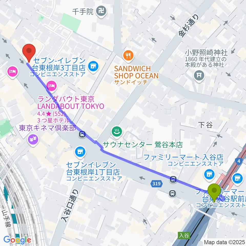 入谷駅からBUZZ上野へのルートマップ地図