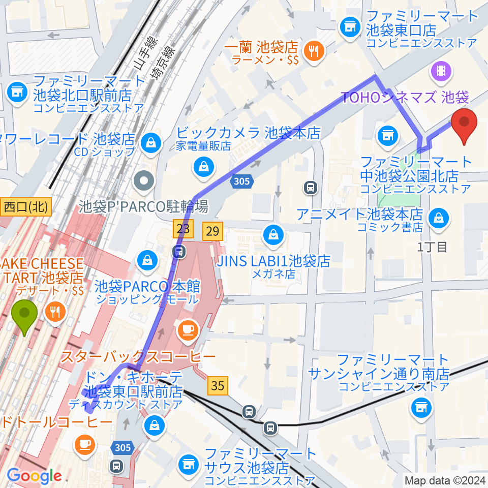 東京建物ブリリアホールの最寄駅池袋駅からの徒歩ルート（約8分）地図