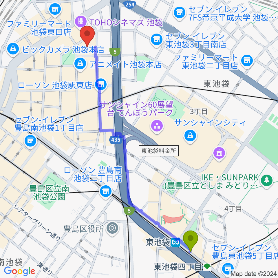 東池袋駅から東京建物ブリリアホールへのルートマップ地図