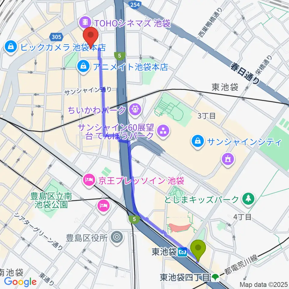 東池袋駅から東京建物ブリリアホールへのルートマップ地図