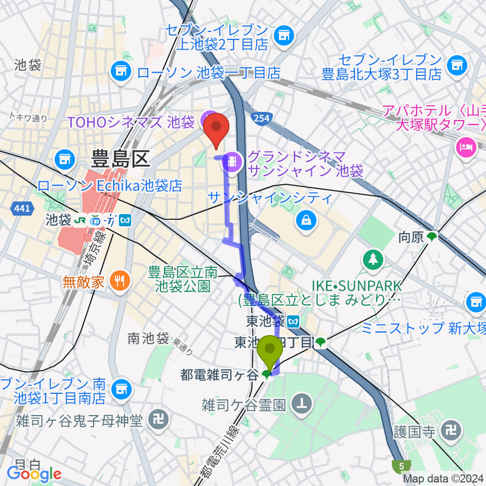 都電雑司ヶ谷駅から東京建物ブリリアホールへのルートマップ地図