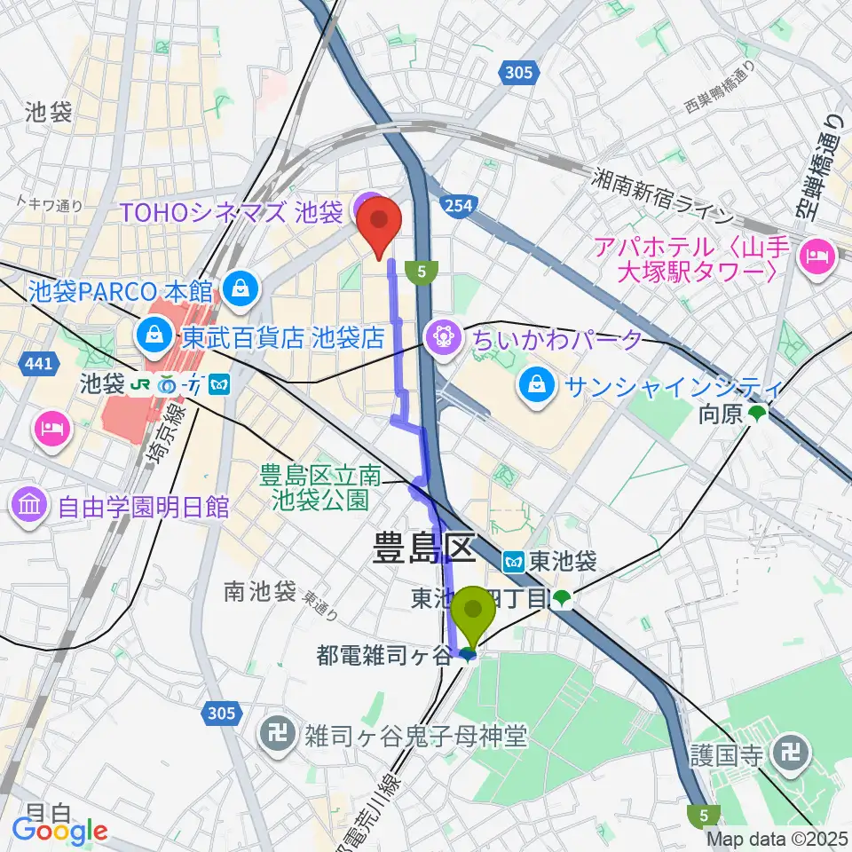 都電雑司ヶ谷駅から東京建物ブリリアホールへのルートマップ地図