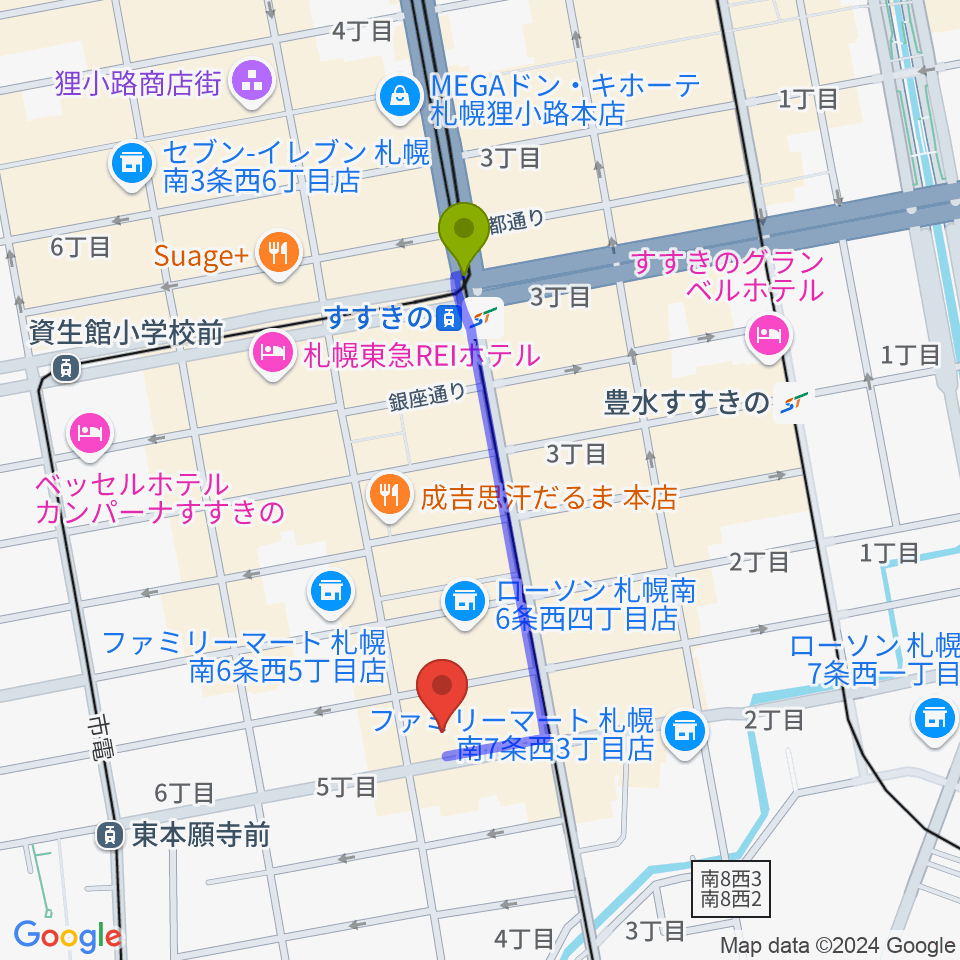 すすきの駅から札幌XENONへのルートマップ地図