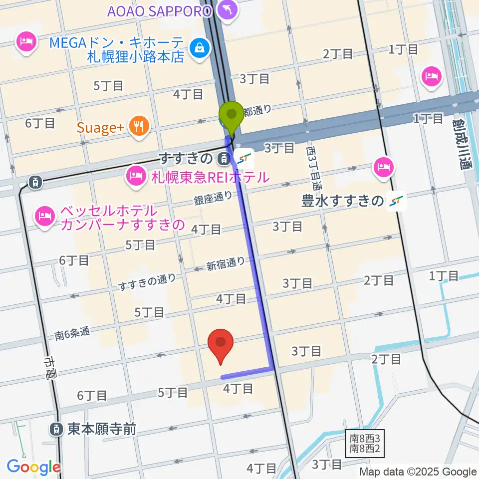 すすきの駅から札幌XENONへのルートマップ地図