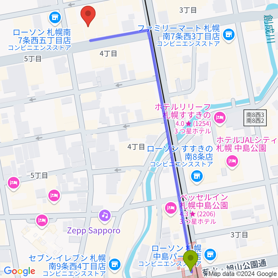 中島公園駅から札幌XENONへのルートマップ地図