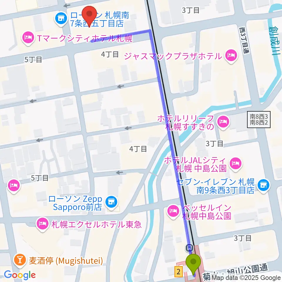 中島公園駅から札幌XENONへのルートマップ地図