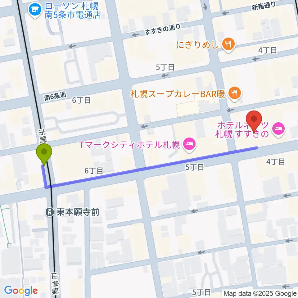 札幌XENONの最寄駅東本願寺前駅からの徒歩ルート（約5分）地図