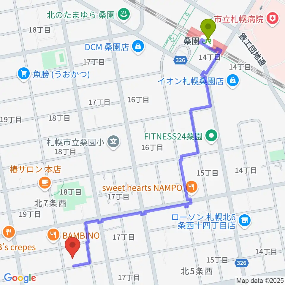 ディスカバリースタジオの最寄駅桑園駅からの徒歩ルート（約13分）地図