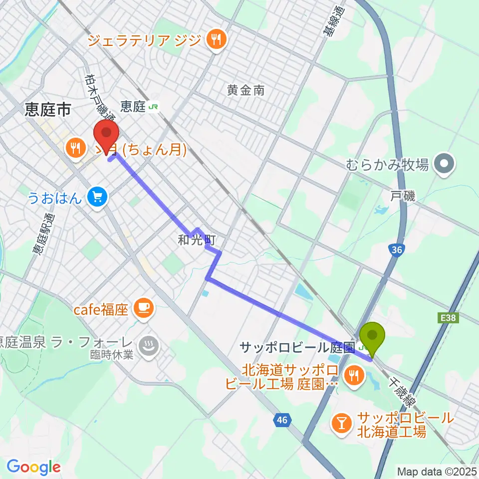 サッポロビール庭園駅からディスカバリーファームへのルートマップ地図