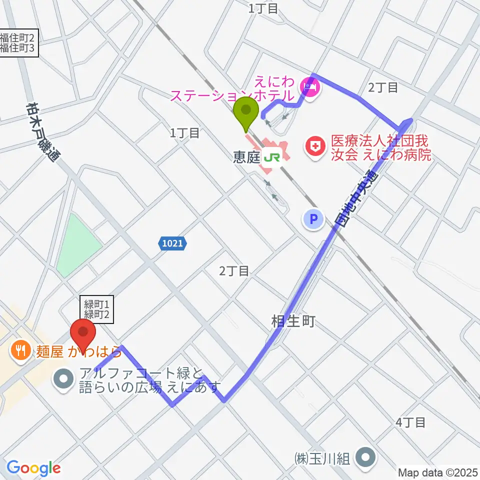 ディスカバリーファームの最寄駅恵庭駅からの徒歩ルート（約8分）地図