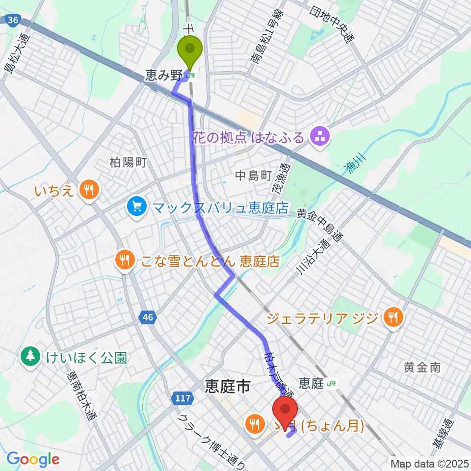 恵み野駅からディスカバリーファームへのルートマップ地図