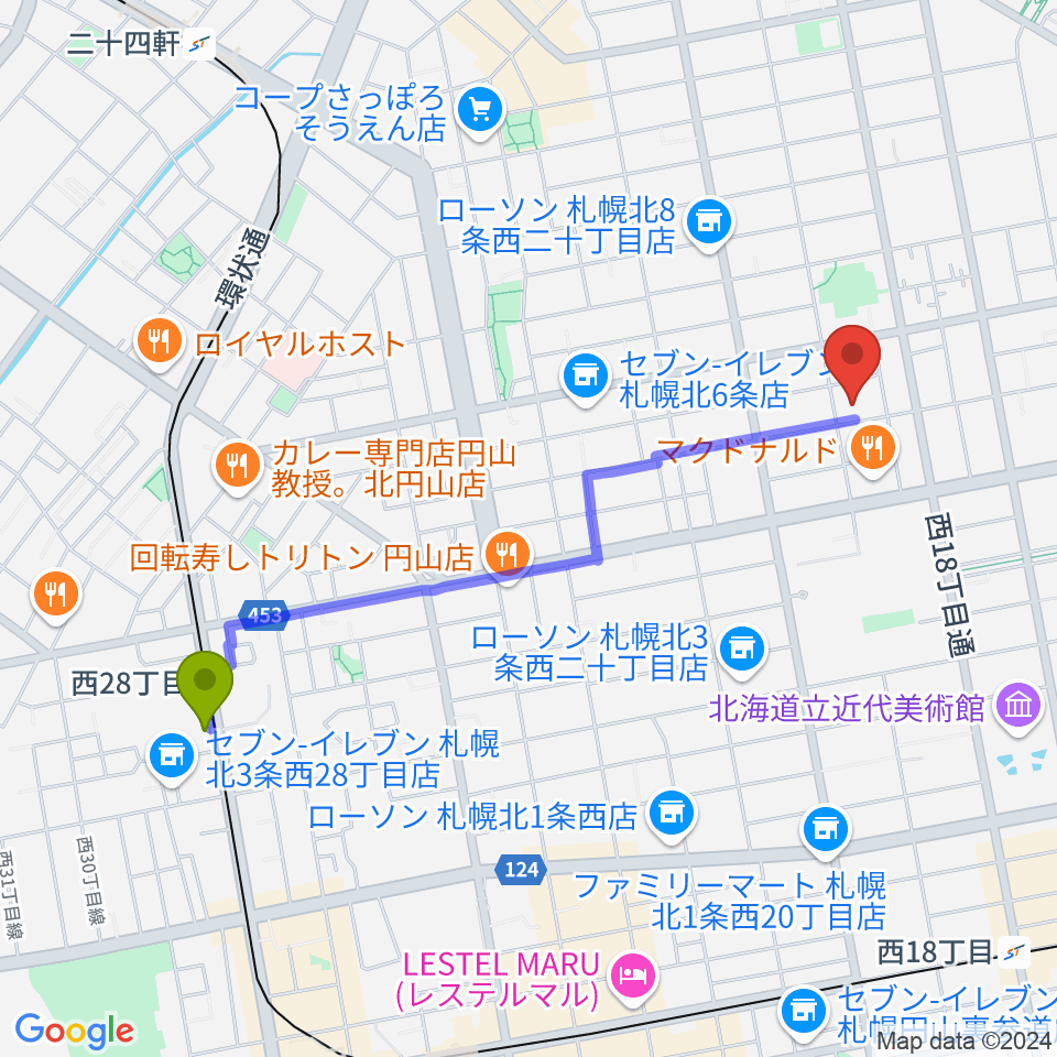 西２８丁目駅からディスカバリースタジオへのルートマップ地図