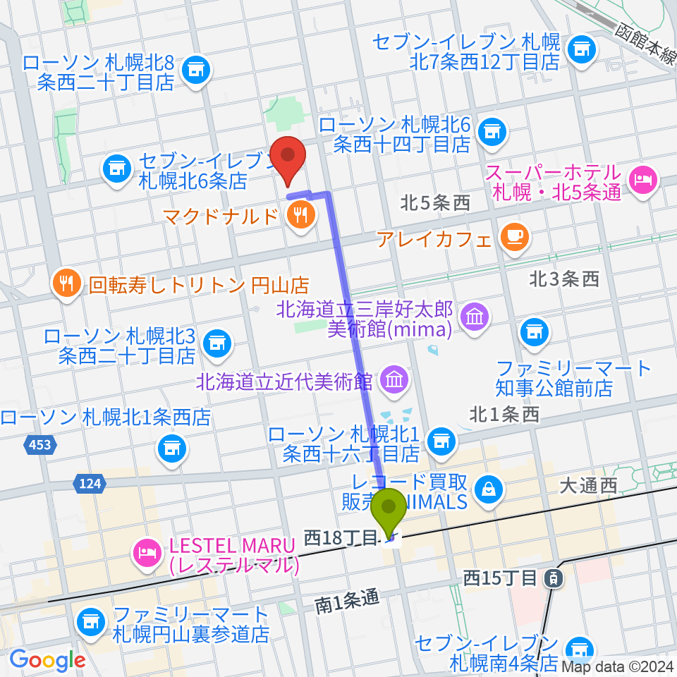 西１８丁目駅からディスカバリースタジオへのルートマップ地図