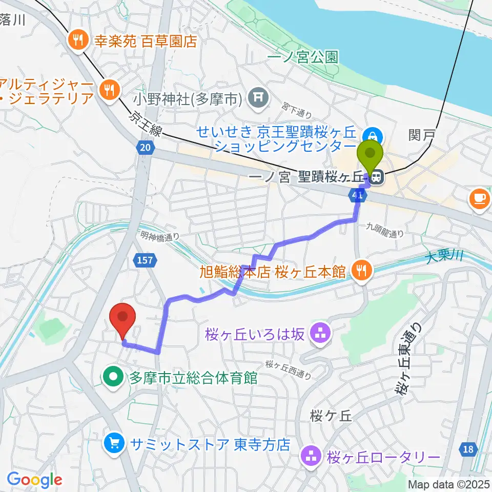 大樹バイオリン工房の最寄駅聖蹟桜ヶ丘駅からの徒歩ルート（約19分）地図