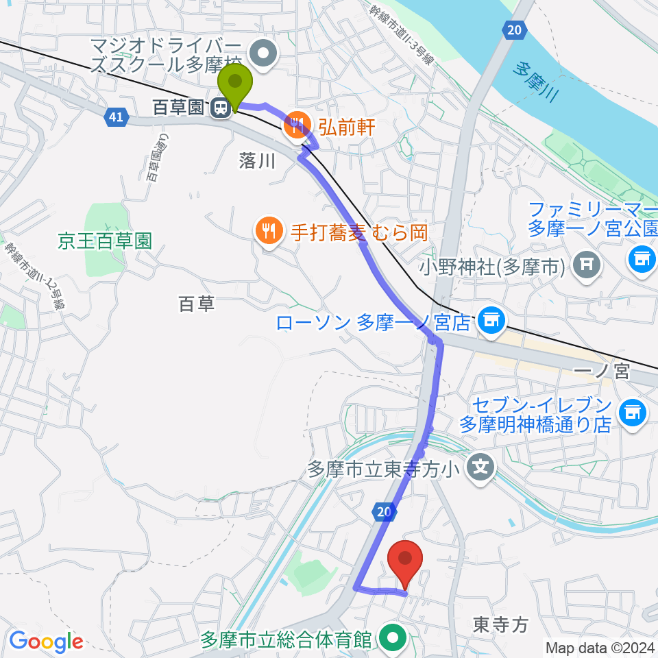 百草園駅から大樹バイオリン工房へのルートマップ地図