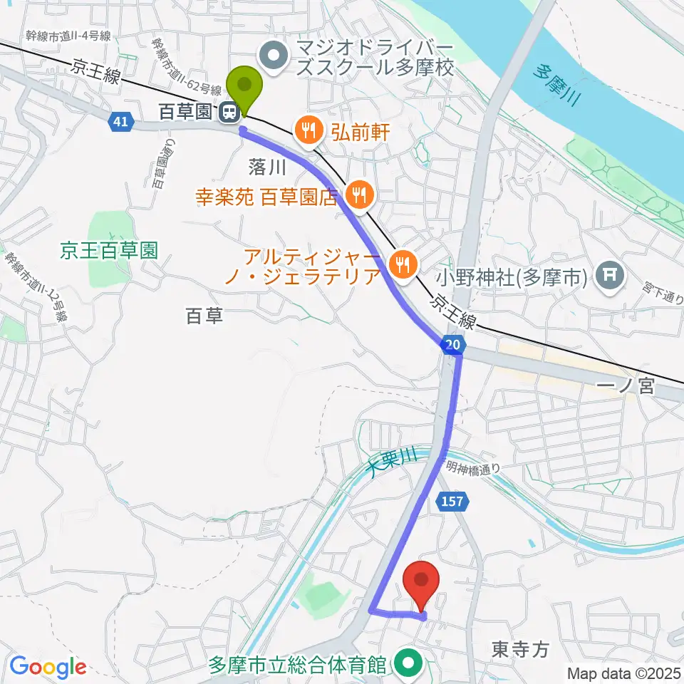 百草園駅から大樹バイオリン工房へのルートマップ地図