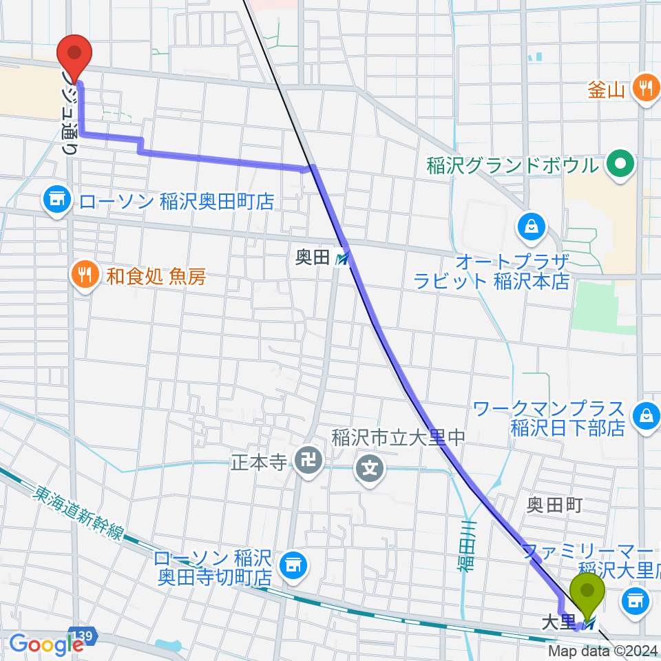 大里駅からピアノ教室luce 稲沢教室へのルートマップ地図