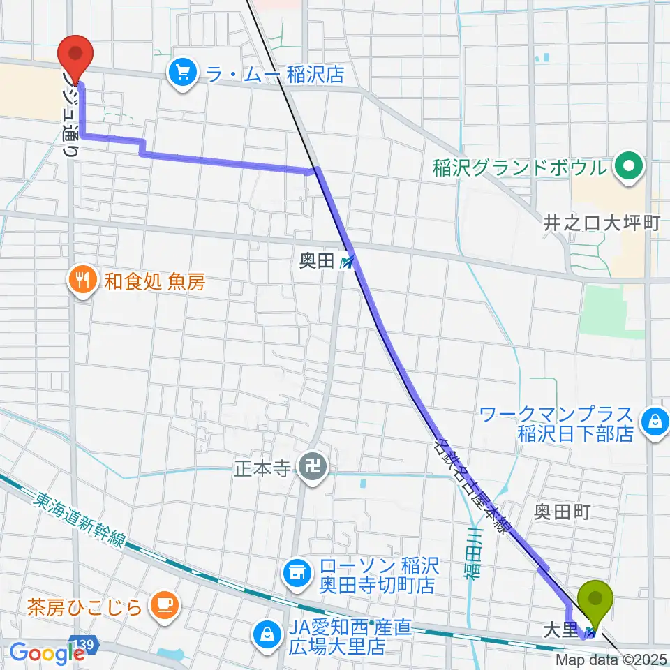 大里駅からピアノ教室luce 稲沢教室へのルートマップ地図