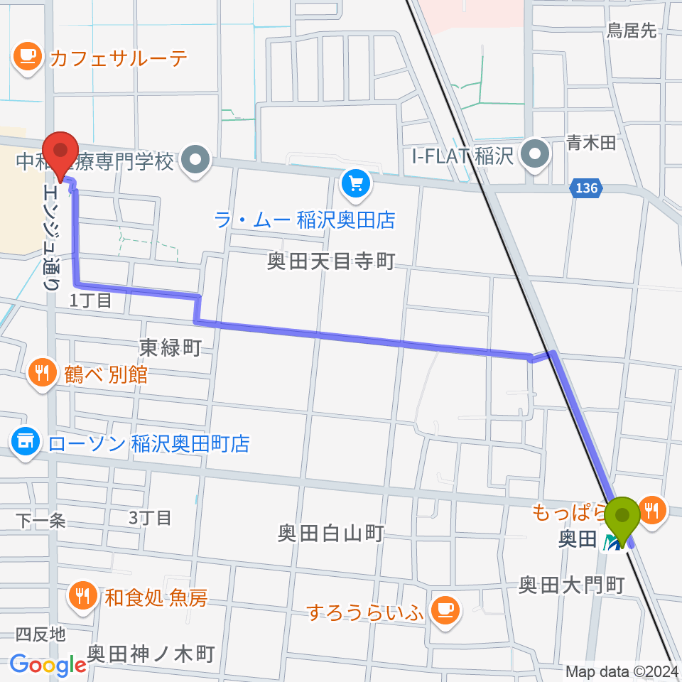 ピアノ教室luce 稲沢教室の最寄駅奥田駅からの徒歩ルート（約15分）地図