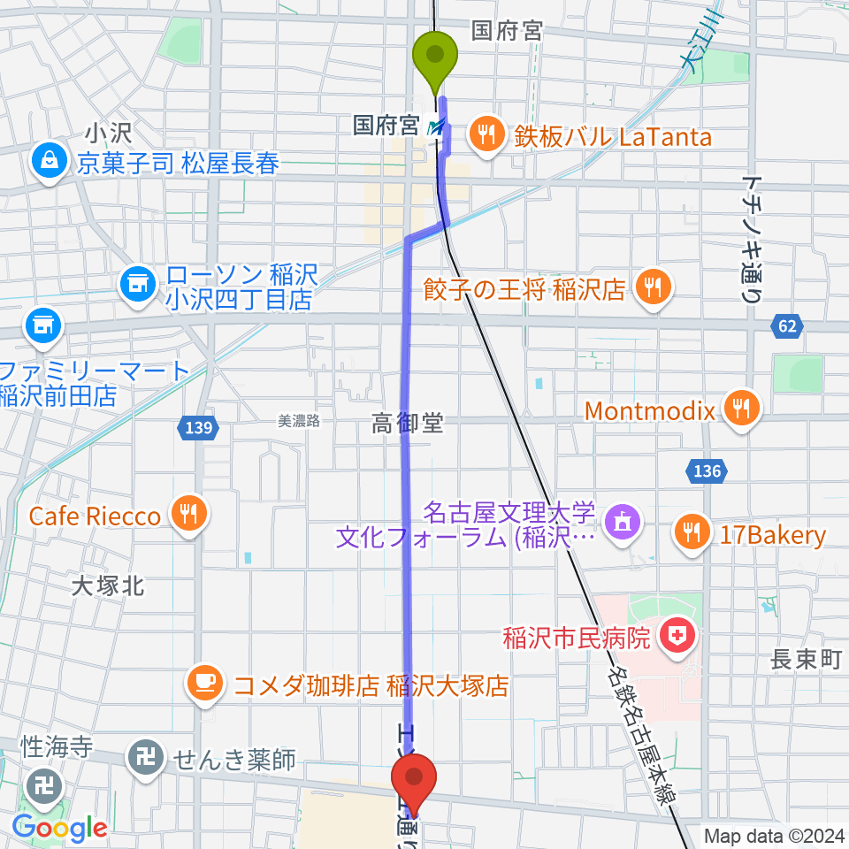 国府宮駅からピアノ教室luce 稲沢教室へのルートマップ地図