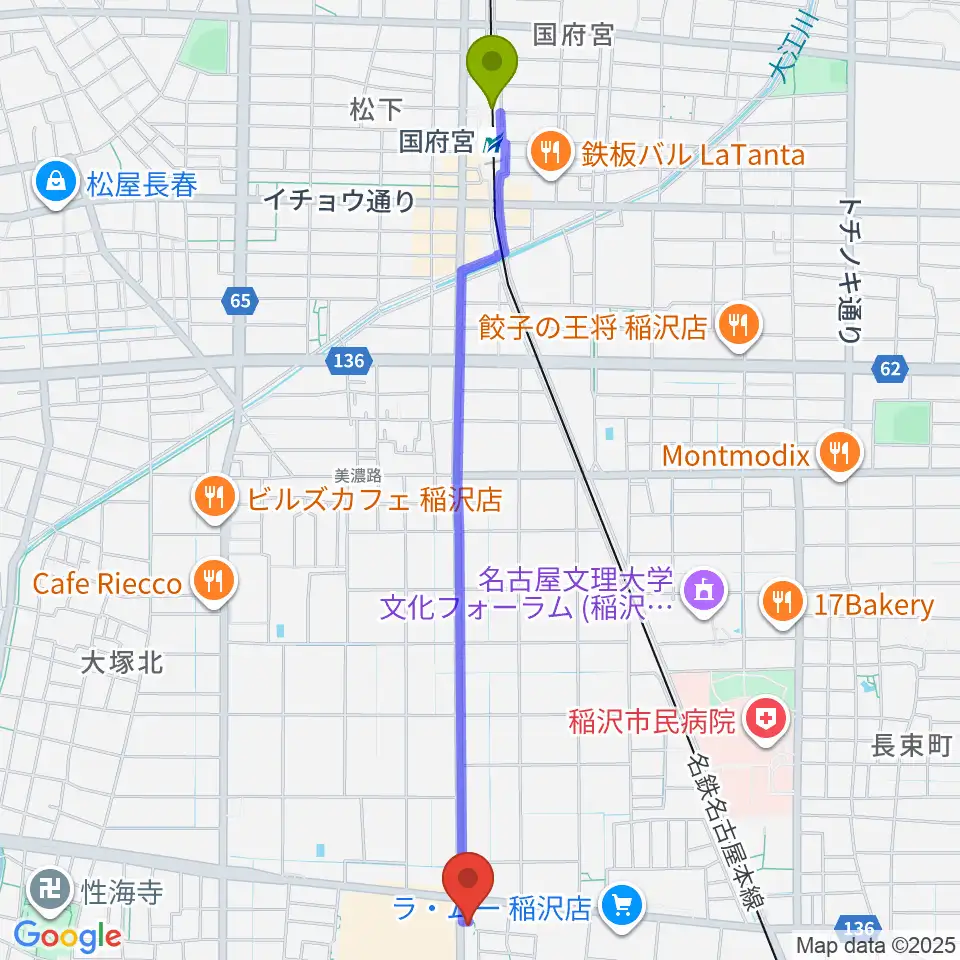 国府宮駅からピアノ教室luce 稲沢教室へのルートマップ地図
