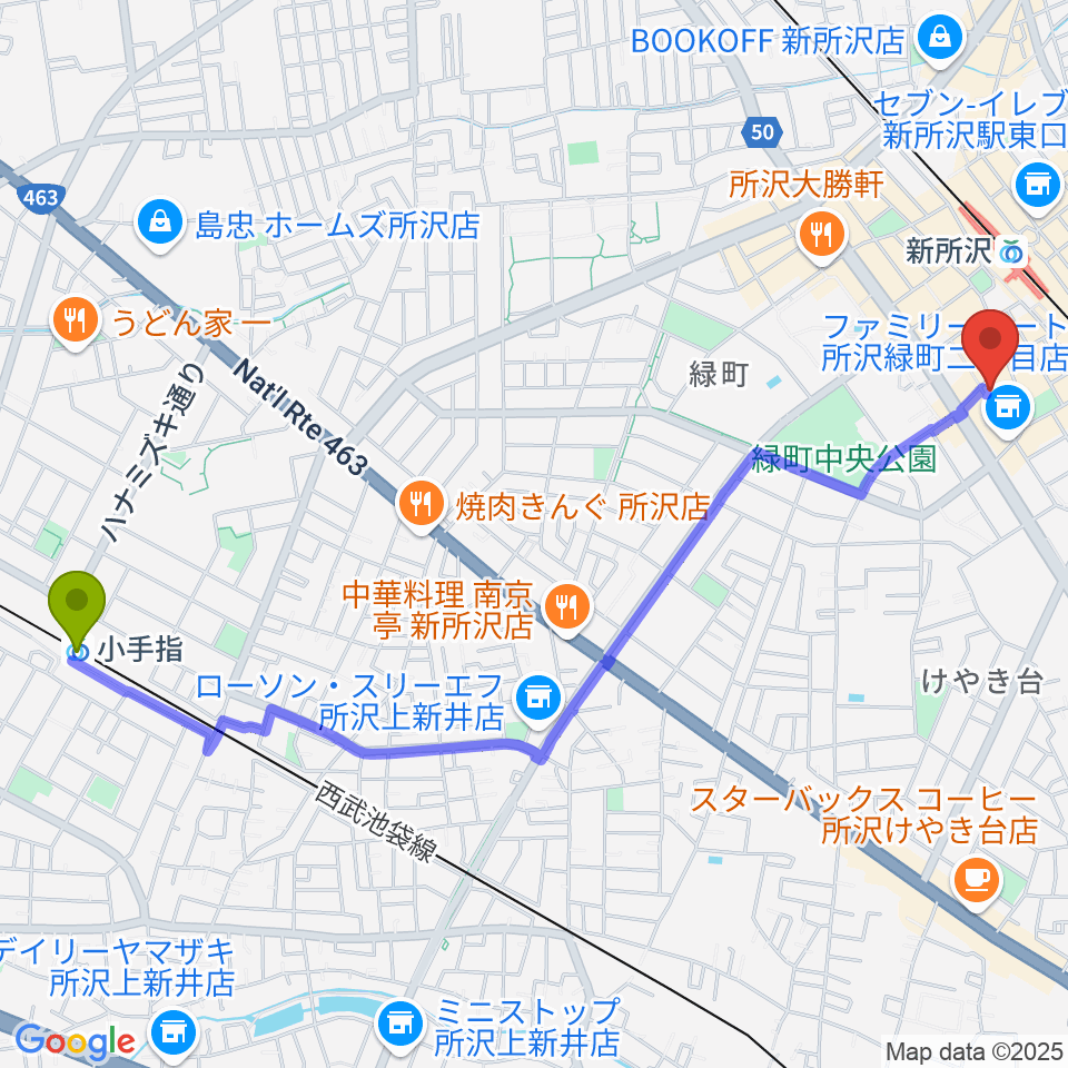 小手指駅から新所沢THE ROCKへのルートマップ地図