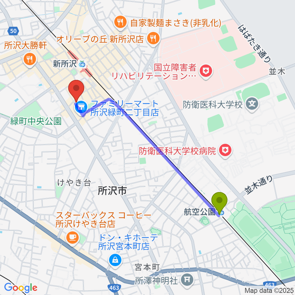 航空公園駅から新所沢THE ROCKへのルートマップ地図