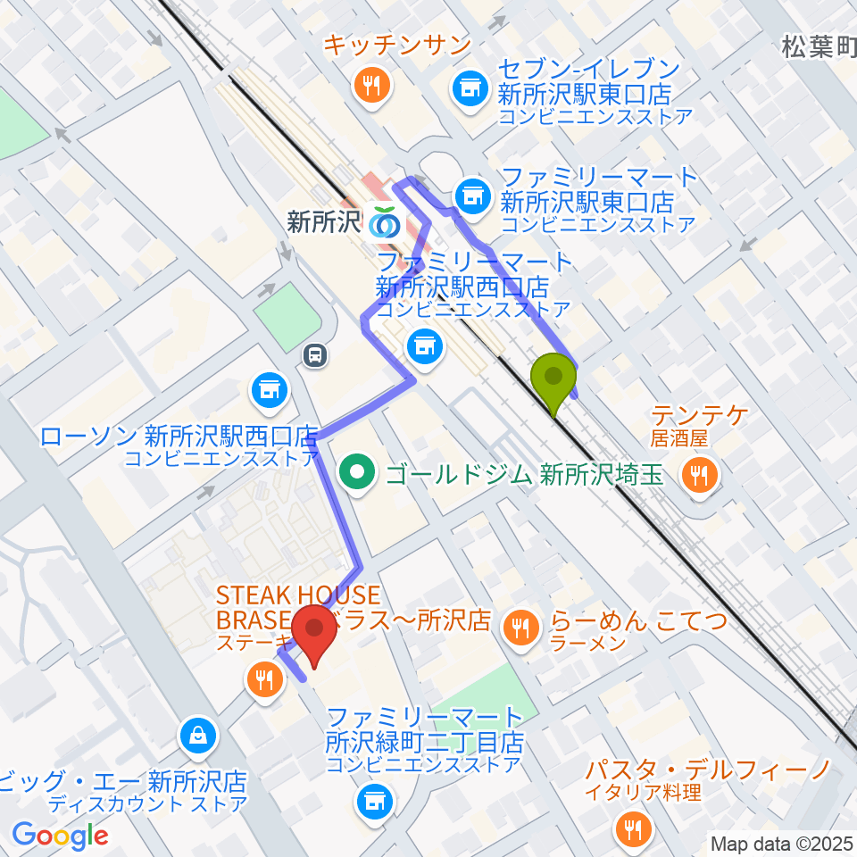 新所沢THE ROCKの最寄駅新所沢駅からの徒歩ルート（約3分）地図