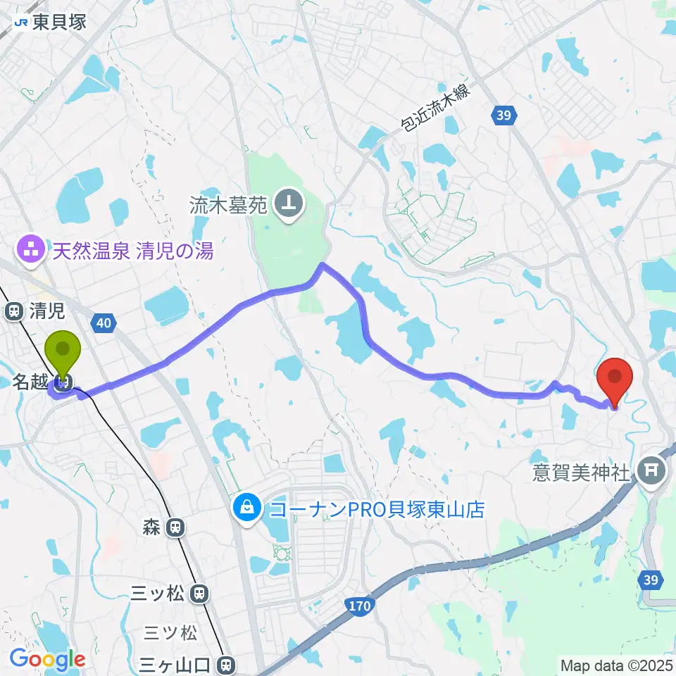 名越駅から岸和田 むくの木ホールへのルートマップ地図