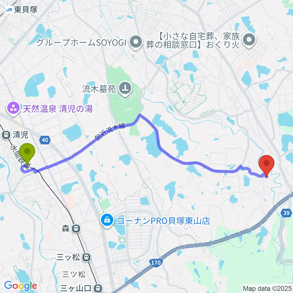 名越駅から岸和田 むくの木ホールへのルートマップ地図
