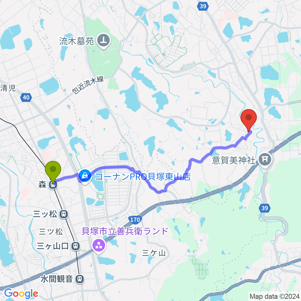 森駅から岸和田 むくの木ホールへのルートマップ地図