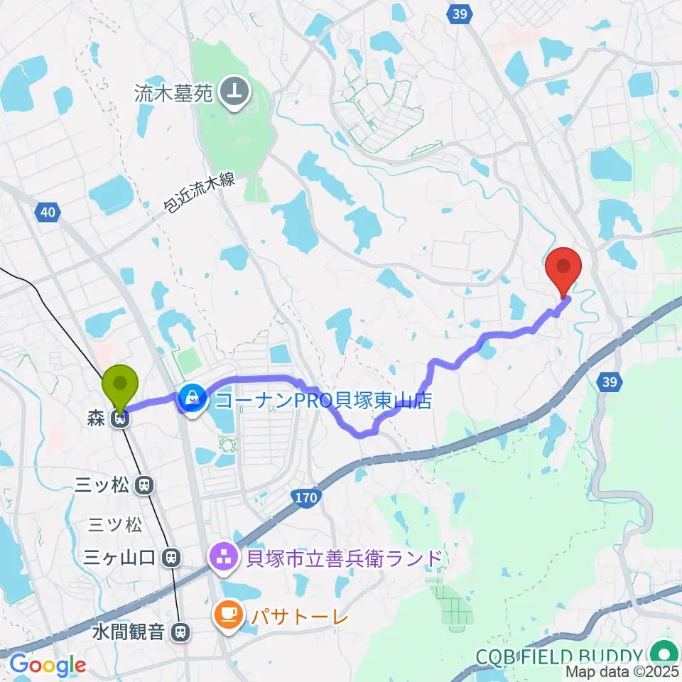森駅から岸和田 むくの木ホールへのルートマップ地図