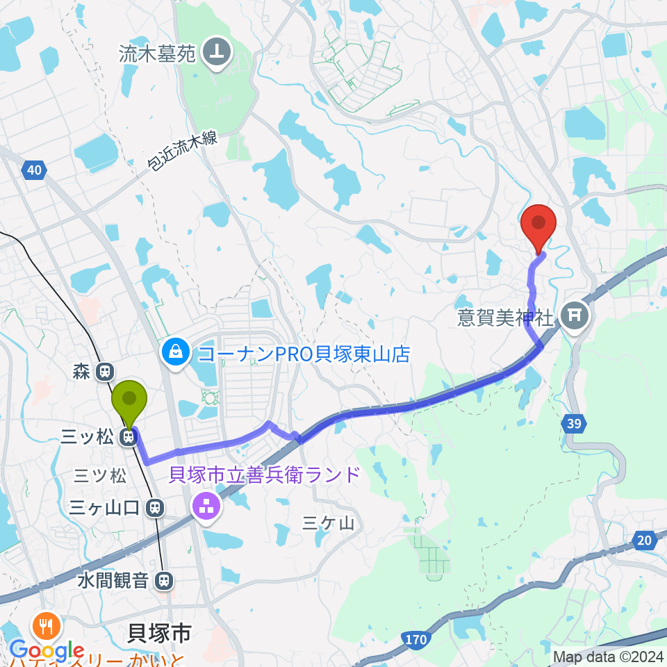 岸和田 むくの木ホールの最寄駅三ツ松駅からの徒歩ルート（約42分）地図