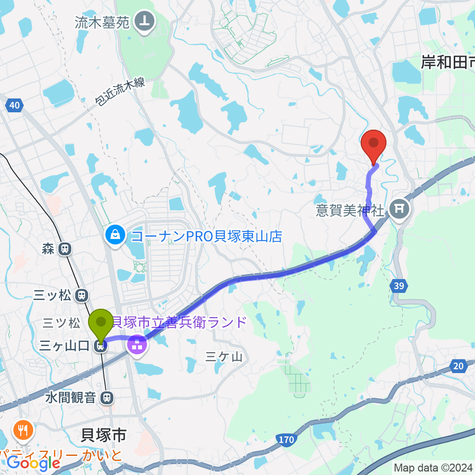 三ヶ山口駅から岸和田 むくの木ホールへのルートマップ地図