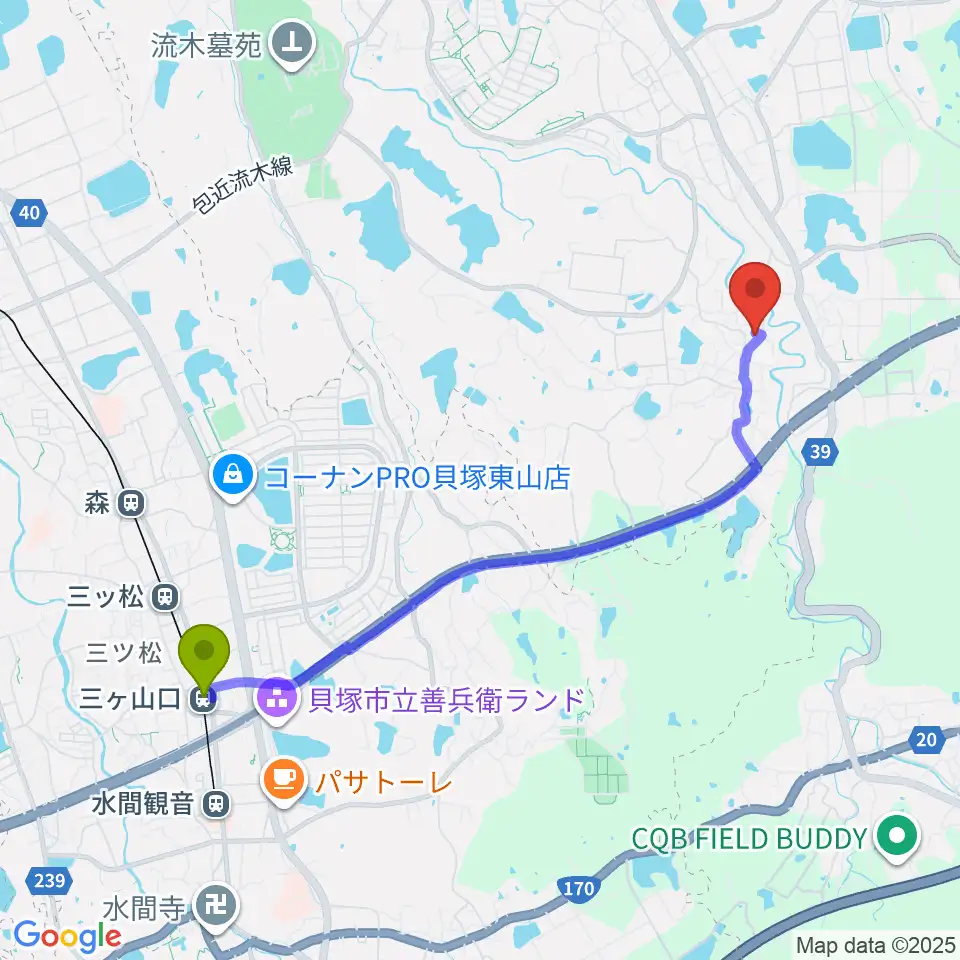 三ヶ山口駅から岸和田 むくの木ホールへのルートマップ地図