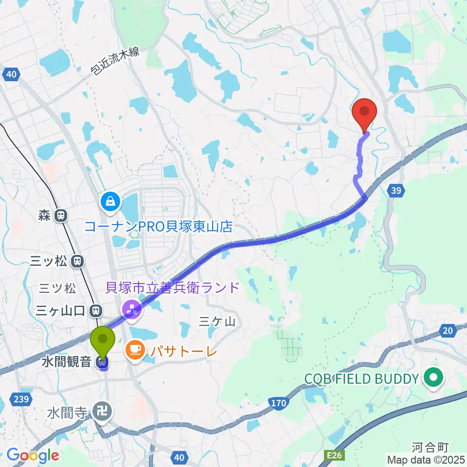 水間観音駅から岸和田 むくの木ホールへのルートマップ地図