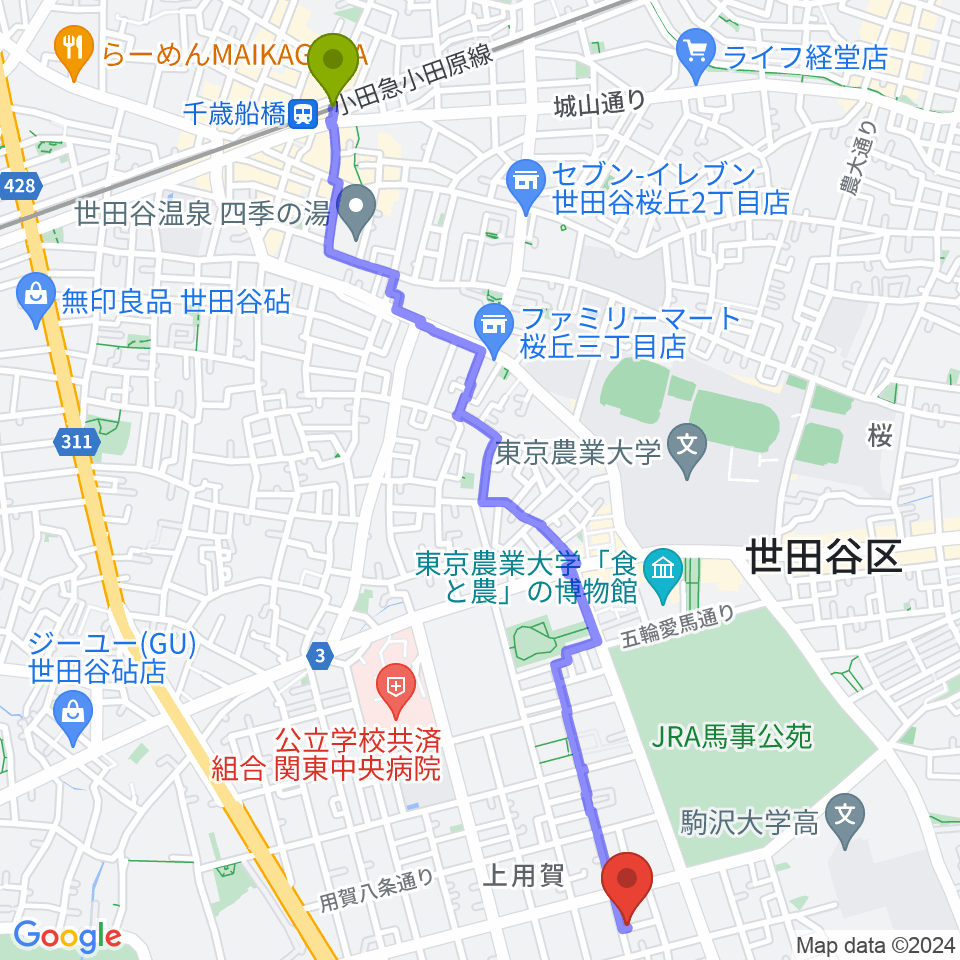 千歳船橋駅からOGURI VOICEへのルートマップ地図