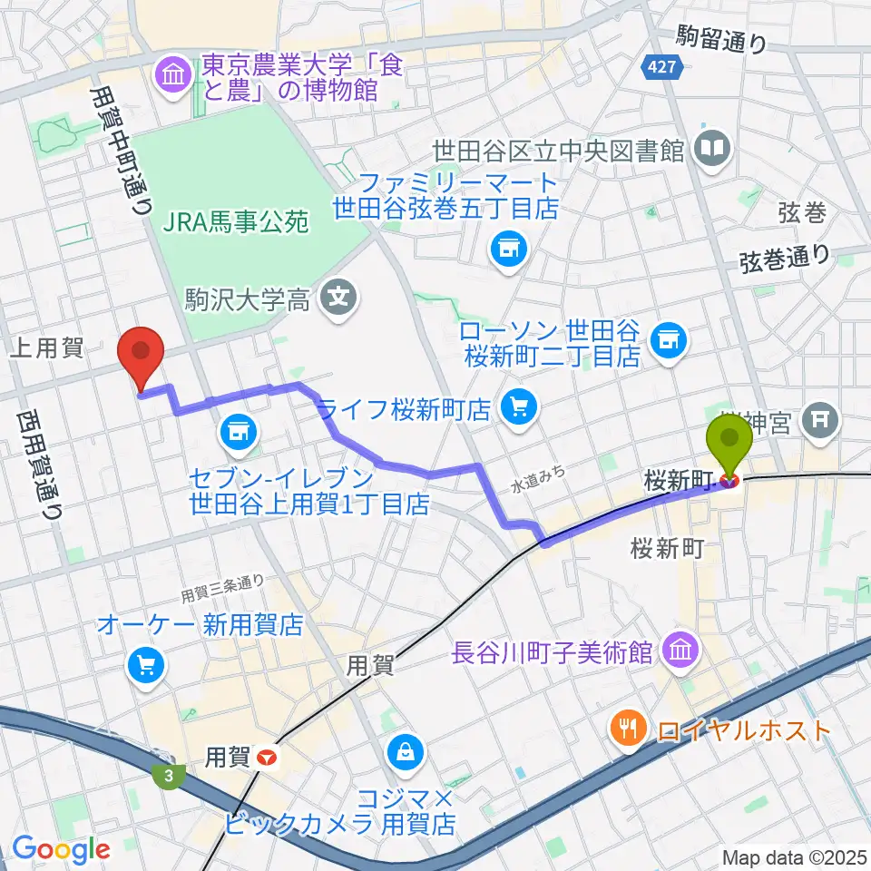 桜新町駅からOGURI VOICEへのルートマップ地図