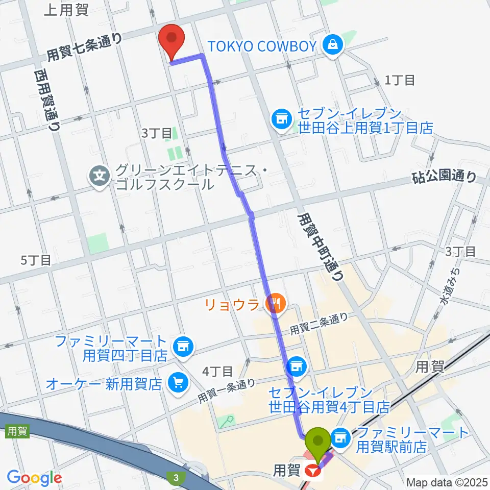 OGURI VOICEの最寄駅用賀駅からの徒歩ルート（約14分）地図